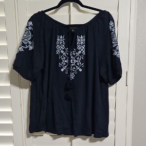 Style & Co. Navy Top with White Embroidery